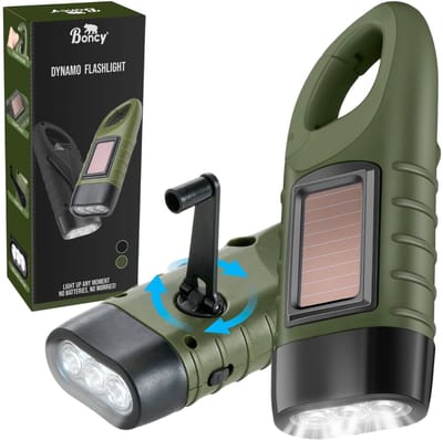 Boncy® Opwindbare LED Zaklamp - Knijpkat Oplaadbaar Zonder Batterij - Dynamo Opwindbaar Noodverlichting bij Stroomuitval - Militaire Nood Zaklampen Handmatig Noodlamp met Hendel en Zonne Energie - Noodpakket Waterdicht voor Kinderen Kind Volwassenen