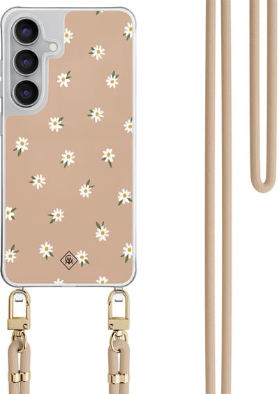Casimoda® hoesje met beige koord - Geschikt voor Samsung S25 FE - Sweet Daisies - Afneembaar koord - TPU/polycarbonaat - Bruin/beige