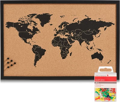 Prikbord wereldkaart - met 40x punaises gekleurd - 60 x 40 cm - kurk