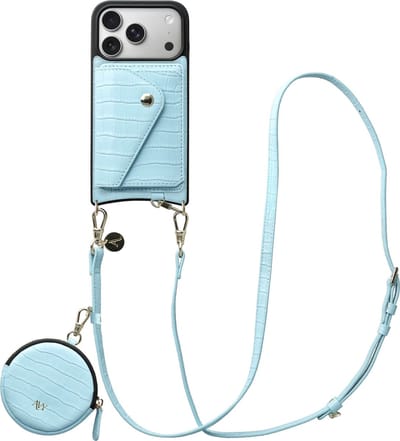 AVY Leren Hoesje geschikt voor Apple iPhone 17 Pro | Met Koord, Wallet en Pouch | Compatibel met MagSafe | Leather Case met 130CM Koord | Long Leather | Croco Blauw