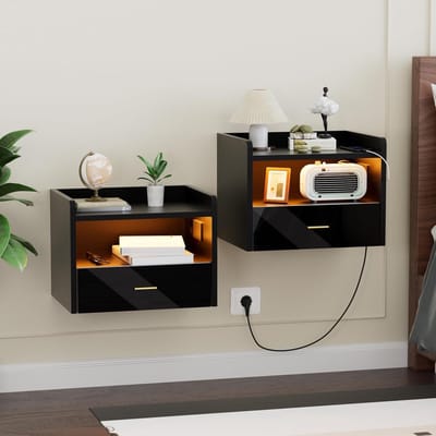 Hangend Nachtkastje - Zwevend Wandrek - Opladen & Opbergen - Met LED Verlichting - 40x30x30cm - Wit