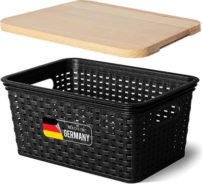 Novaliv opbergdoos met houten deksel, kleine mand van 5 liter, zwart in rotandesign, voedselveilige opbergmand, stapelbare doos, nestbare kunststof, BPA-vrije doos, stofbox met deksel