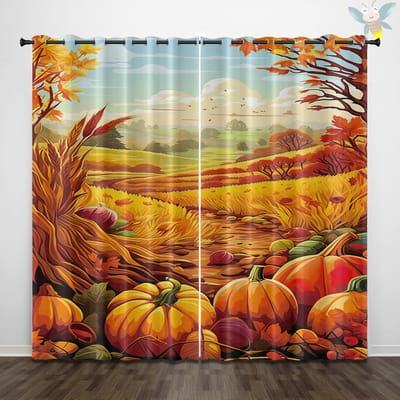 2 stuks gordijnen met esdoornblad- en pompoenpatroon met Thanksgiving-thema voor decoratie, slaapkamers en woonkamers 140x160cm&Grommet Top beige