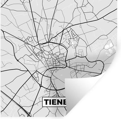 Muurstickers - Sticker Folie - Stadskaart – Zwart Wit - Kaart – Tienen – België – Plattegrond - 100x100 cm - Plakfolie - Muurstickers Kinderkamer - Zelfklevend Behang XXL - Zelfklevend behangpapier - Stickerfolie
