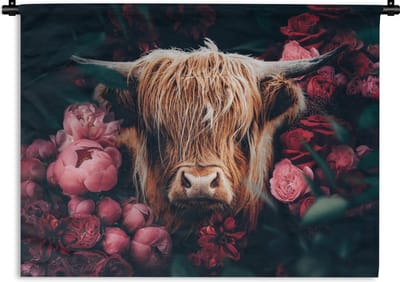 Wandkleed - Wanddoek - Koe - Schotse hooglander - Bloemen - botanisch - 120x90 cm - Wandtapijt