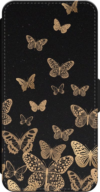 Leuke Telefoonhoesjes - Bookcase hoesje geschikt voor iPhone 14 Pro bookcase leer - Vlinders - Vlinders - Wallet case met pasjeshouder - Print / Illustratie - Zwart, Goud