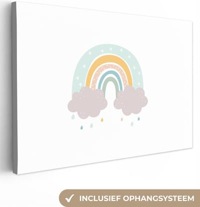 Canvas schilderij kinderen - Kinderkamer decoratie - Regenboog - Pastel - Kinderen - Wolken - Slaapkamer decoratie - Canvas doek kids - 30x20 cm