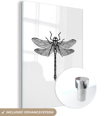 MuchoWow® Glasschilderij 30x40 cm - Schilderij acrylglas - Libelle - Insecten - Retro - Zwart wit - Foto op glas - Schilderijen