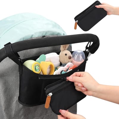 VHV - Kinderwagen organizer - Buggy organizer - Kinderwagen tas - Universeel - Met afneembaar telefoonvakje - Opbergtas voor aan de duwstang - Voor luiers en baby spullen - Voor wandelen en onderweg - Zwart