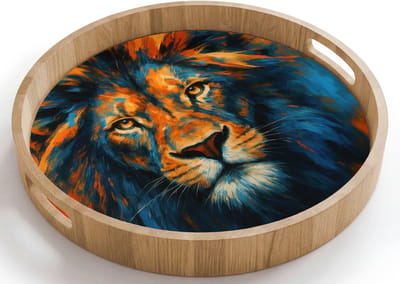Dienblad rond 40x40 cm - Schootdienblad hout - Schilderij - Leeuwenkop - Oranje - Borrelplank rechthoek - Plateau houten dienbladen
