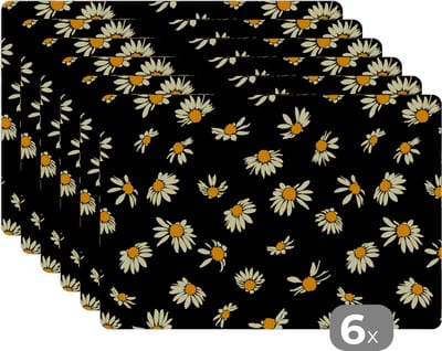 Placemat - Placemats kunststof - Madelief - Zwart - Patroon - 45x30 cm - 6 stuks - Hittebestendig - Anti-Slip - Onderlegger - Afneembaar