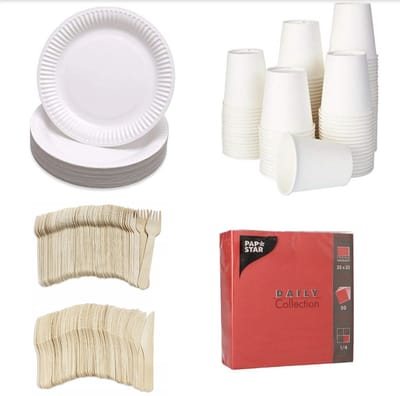 250 stuks x Houten wegwerp bestek set eco/milieubewust – 50 witte kartonnen borden 23cm + 50 kartonnen bekers 240ml+ 50 Vorken 16cm + 50 messen 16cm+ 50 servetten rood 32x32cm Feest/verjaardag/BBQ picknick