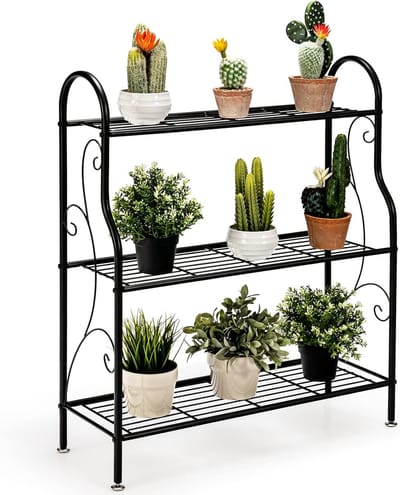 COSTWAY plantenstandaard metaal, bloementrap belastbaar tot 35 kg, plantenrek 3 tier voor binnen en buiten, zwart, 72 x 25 x 85 cm