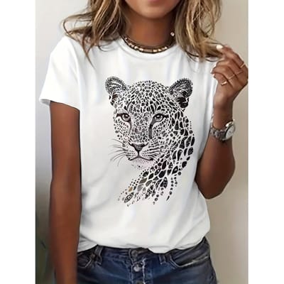 Stijlvol T-shirt met Luipaardprint, Korte Mouwen en Ronde Hals, Perfect voor Casual Kleding in de Zomer en Lente, Ontworpen voor Dames XXL gray