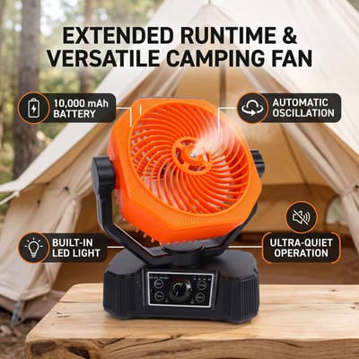 Ventilateur Brumisateur de Camping 10000mAh Alimenté par Batterie Oscillation Automatique Ventilateur de Tente avec Lumière LED pour Voyage Jardin Bureau orange