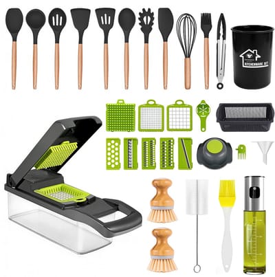 Keukengerei Set 12-delig – Keukenset met Groentesnijder 7-in-1, Olieverstuiver & Schoonmaakborstels – Compleet Keukenpakket