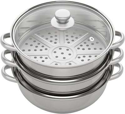 Drielaagse Stoompan - Stoomkoker Keuken - Gezond Koken - Roestvrij Staal - 28 cm Diameter - Zilver