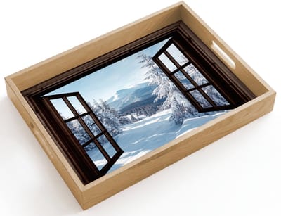 Dienblad hout 40x30 cm - Schootdienblad - Winter - Landschap - Natuur - Berg - Bomen - Doorkijk - Uitzicht - Borrelplank rechthoek - Plateau dienbladen