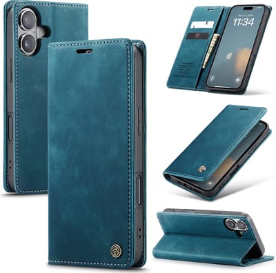 CaseMe – Telefoonhoesje geschikt voor Apple iPhone 16 – Wallet Book Case – Magnetische Sluiting – PU Leer – Turquoise