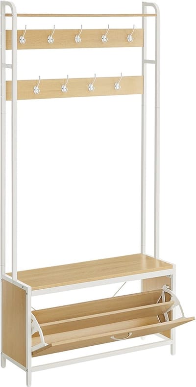 Kapstok met schoenenkast - Metalen frame - Met bankje - Wit bruin