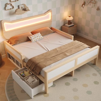 DESMIU Kinderbed 140x200cm – Kattenkop Met Rgb-ledverlichting – Met Opberglade En Vak Links Of Rechts Monteerbaar – Voor Kinderkamer – Hout – Wit Eiken – Zonder Matras