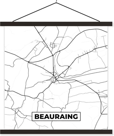 Posterhanger incl. Poster 60x60 cm - Schoolplaat - België – Beauraing – Stadskaart – Kaart – Zwart Wit – Plattegrond - Textielposter - Zwarte latten - Stadskaart