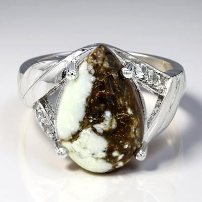Cavill - Zilveren Ring met Magnesiet 4,69 ct Peervormig Cabochon en Witte Topaas 0,124 ct - 925 Sterling Zilver - Elegante Damesring Maat 17