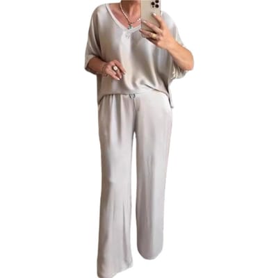 Vrouwen Wijde Broekpak Elegante Satijnen Top Wijde Broekset voor Vrouwen V-hals Blouse met Trekkoord Taille Los voor Dames L white
