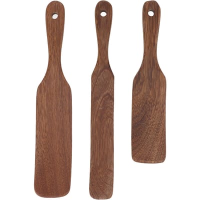 3 stuks Houten Spatel met Brede Schepkop Antislip Teakhouten Draaispatel voor Steak Pizza Melk Salade