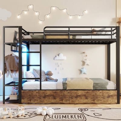 VVBV Metalen Stapelbed 90x200 cm met LED-Verlichting, Planken - Voor Hal/Entree, 2 Lades - Metaal Zwart - Zonder Matras