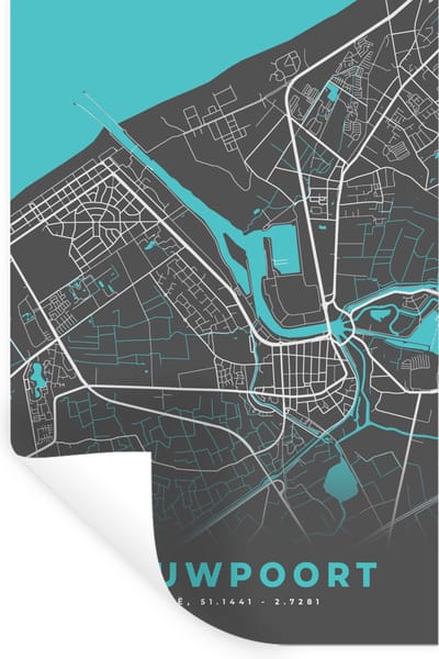 Muurstickers - Sticker Folie - België – Nieuwpoort – Stadskaart – Kaart – Blauw – Plattegrond - 20x30 cm - Plakfolie - Muurstickers Kinderkamer - Zelfklevend Behang - Zelfklevend behangpapier - Stickerfolie