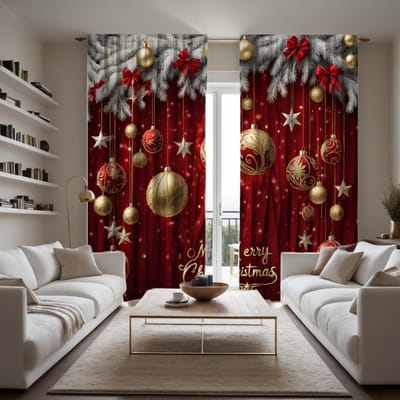 Boule de Noël rouge numérique HD en 2 parties rideau de cèdre décoration de maison style Décorer salon chambre à coucher Rideau à tringle W52H63inchW132H160cm gray