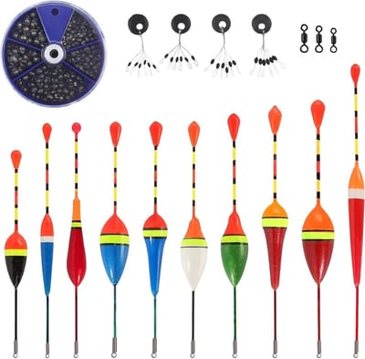 Set van 18 Vissersdrijvers voor Forel, Inclusief 10 Drijvers, 205 Lood, 3 Swirl Accessoires en 4 Rubberen Stoppen voor Zoet- en Zeevisserij