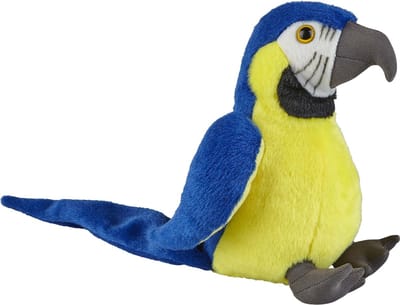 Pluche knuffel Macaw papegaai - blauw/goud - 18 cm - knuffeldieren - vogels - voor kinderen - speelgoed