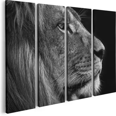 Artaza Canvas Schilderij Vierluik Leeuw - Leeuwenkop - Zwart Wit - 80x60 - Foto Op Canvas - Canvas Print
