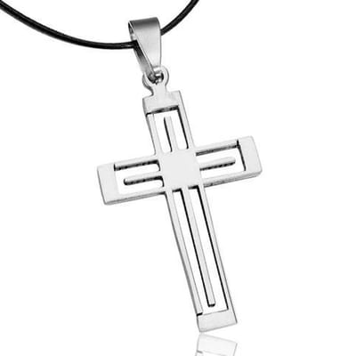 Montebello Ketting Keo - 316L Staal - Leer - Kruis - 50x25mm - 45+5cm
