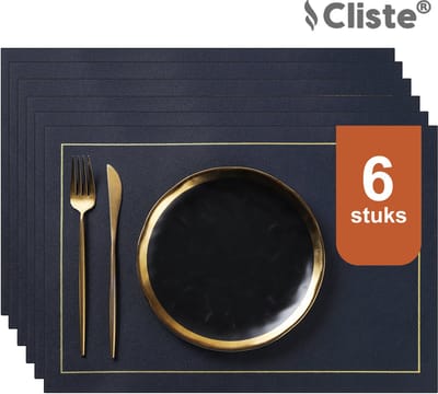 Cliste Luxe Dubbelzijdige Lederlook Placemats Set van 6 - Blauw en Geel - 45x30 cm - Antislip Placemat van Kunstleer - Onderzetter - Placemats