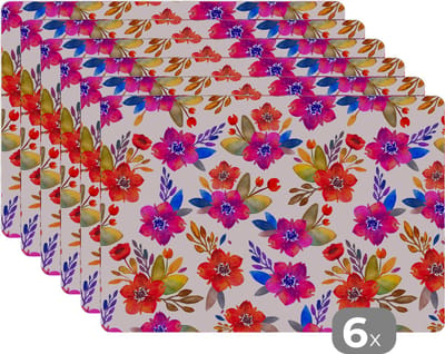 Placemat - Placemats kunststof - Waterverf - Bloemen - Paars - 45x30 cm - 6 stuks - Hittebestendig - Anti-Slip - Onderlegger - Afneembaar
