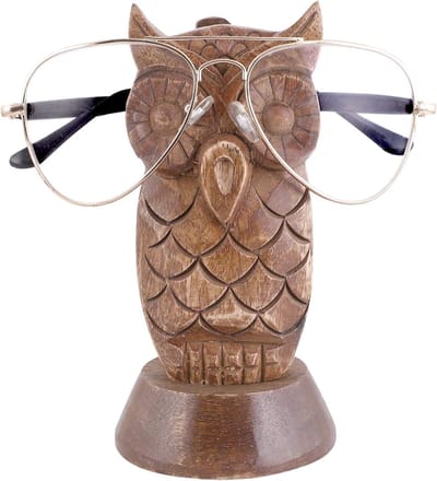 Houten Brilhouder - Brillenstandaard Uil - Bureau Decoratie - Handgemaakt Mangohout - 19 cm - Bruin