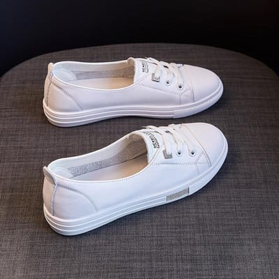 Bovenlaag Koeienhuid Lazy Leer Kleine Witte Schoenen Dames Herfst en Zomer Nieuwe Platte Zool Instappers Alles-match Lage Mond Dames Enkelschoenen 39 wit