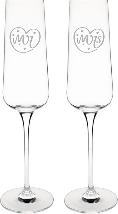 Gegraveerde set Champagneglazen 27cl Mr. In hartje - Mrs. In hartje