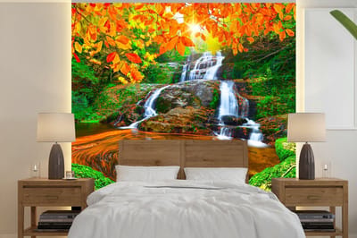 Behang - Fotobehang Natuur - Waterval - Stenen - Mos - Bladeren - Groen - Breedte 280 cm x hoogte 280 cm