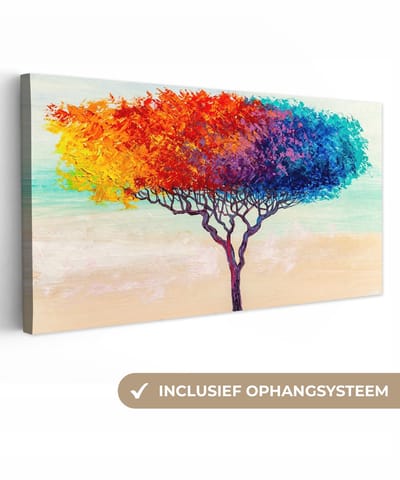 Canvas schilderij 40x20 cm - Wanddecoratie Schilderij - Boom - Olieverf - Regenboog - Muurdecoratie woonkamer - Slaapkamer decoratie - Kamer accessoires - Schilderijen op canvas