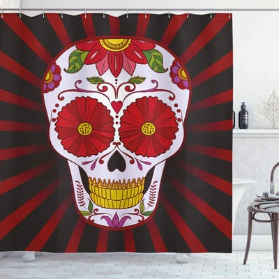 ABAKUHAUS douchegordijn – Sugar Skull ontwerp – 175x180 cm – rood/geel