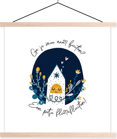 Posterhanger incl. Poster 40x40 cm - Schoolplaat - Spreuken - Quotes - Ga je mee naar buiten? - Textielposter - Blanke latten