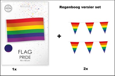 1x Regenboog vlag 90cm x 150cm + 2x Regenboog vlaggenlijn - Regenboog versierset - Rainbow thema feest Pride