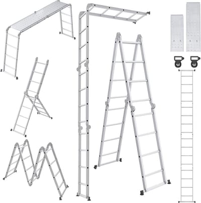Multifunctionele Aluminium Ladder 4x4 met Platform - 6 in 1 Vouwladder - 470 cm - 150 kg - Zilver