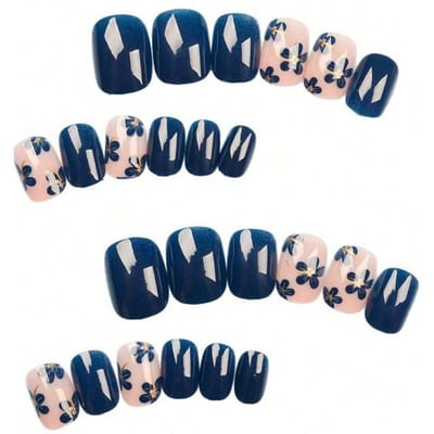 24 stuks Lente & Zomer Blauwe Bloem Vierkante Nagels Stickers, Versierd Met Blauw Bloemmotief, Geschikt Voor Vrouwen Nagellak Decoratie | Bloemig Nagels Design