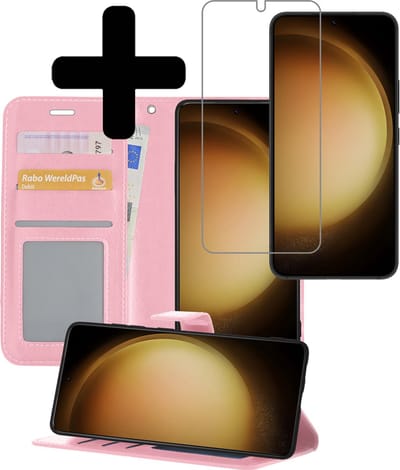 Hoesje - Met Screenprotector - Geschikt voor Samsung Galaxy S23 - Luxe Pasjeshouder - Bookcase Portemonee - Flip Case - Kunstleer Book Case - Flipcase - Book Cover - Walletcase - Portemonneehoes - Telefoonhoesjes - Lichtroze