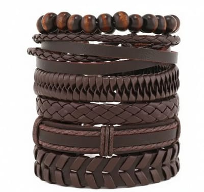 6-delige set bruine armbanden heren – combinatie van kralen, gevlochten en glad imitatieleer – verstelbaar – unisex design